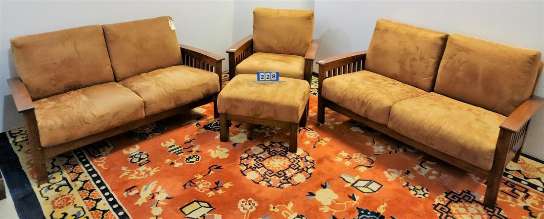 PR MISSION STYLE CHERRY SETTEES 5'L X 33"H X 22"D W/ MATCHING CLUB CHAIR 34"H X 33"W X 23"D AND: PR MISSION STYLE CHERRY SETTEES 5'L X 33"H X 22"D W/ MATCHING CLUB CHAIR 34"H X 33"W X 23"D AND OTTOMAN 18"H X 26"W X 26"D