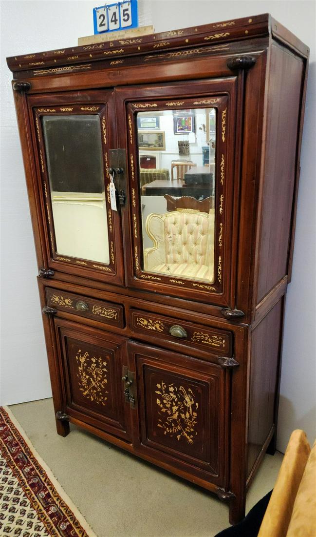 CHINESE 2 PART INLAID CABINET- 2 MIRRORED DOORS OVER 2 DRAWERS OVER 2 DOORS 68 1/2"H X 40 1/2"W X 18: CHINESE 2 PART INLAID CABINET- 2 MIRRORED DOORS OVER 2 DRAWERS OVER 2 DOORS 68 1/2"H X 40 1/2"W X 18 1/2"D