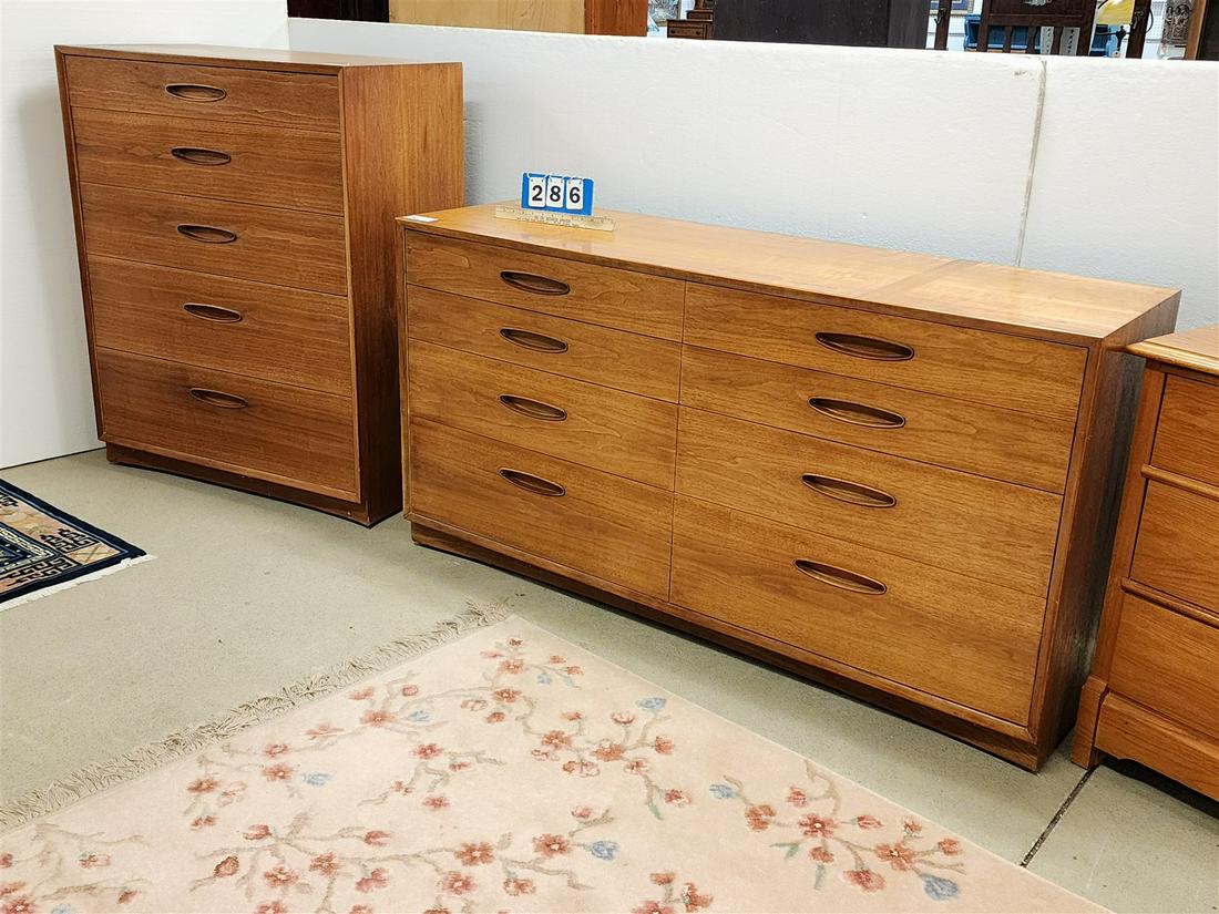 MID CENTURY TEAK 8 DRAWER CHEST 32 1/2" X 62"W X 19"D AND TALL CHEST 5 DRAWER 45"H X 36"W X 19"D (1 of 6)