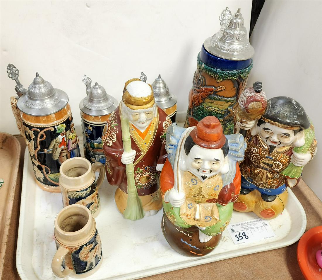 TRAY 6 GERMAN STEINS AND &3 FIGURAL KAMOTSURU SAKI DECANTERS (1 of 4)
