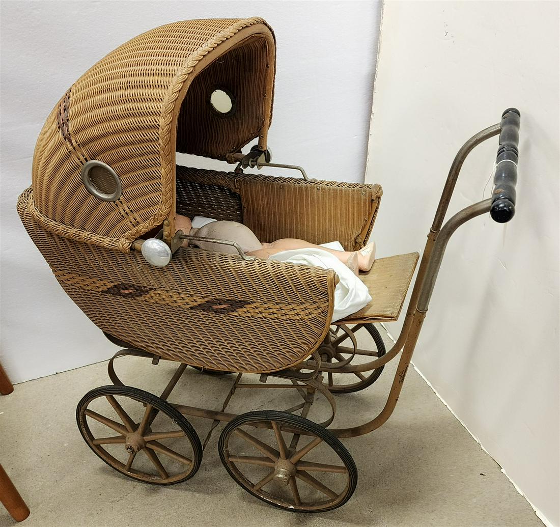 WICKER DOLL CARRIAGE W/PAINTED COMPOSITE DOLL (1 of 2)