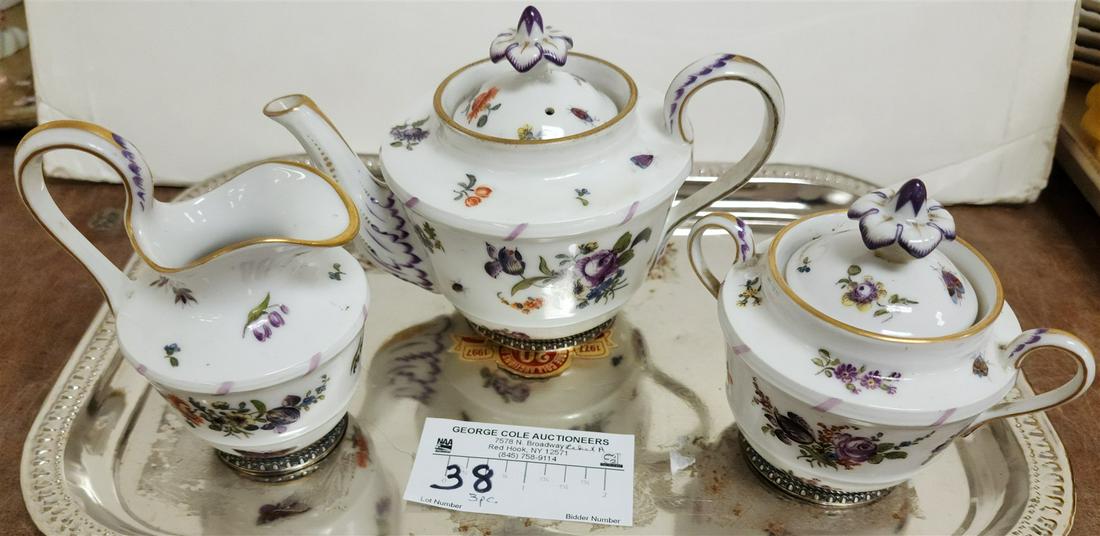 TRA 3 PC TEA SET W/ SILVER BASES TEA POT 4 1/2", CREAMER 4 1/2" AND COVERED SUGAR 4 1/4" CROWN AND: TRA 3 PC TEA SET W/ SILVER BASES TEA POT 4 1/2", CREAMER 4 1/2" AND COVERED SUGAR 4 1/4" CROWN AND CROSSED SWORD MKD