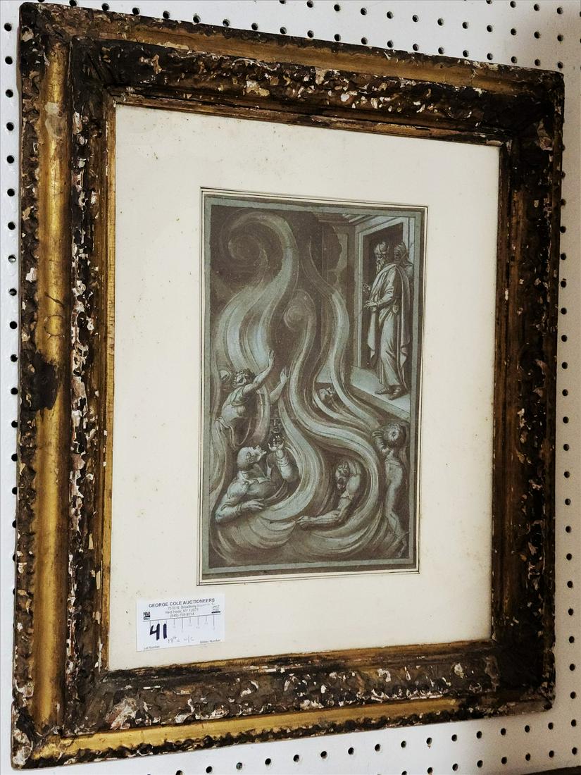 FRAMED 18TH C W/C POPE BANISHING SOULS TO HELL 12 1/4" X 8" (1 of 4)