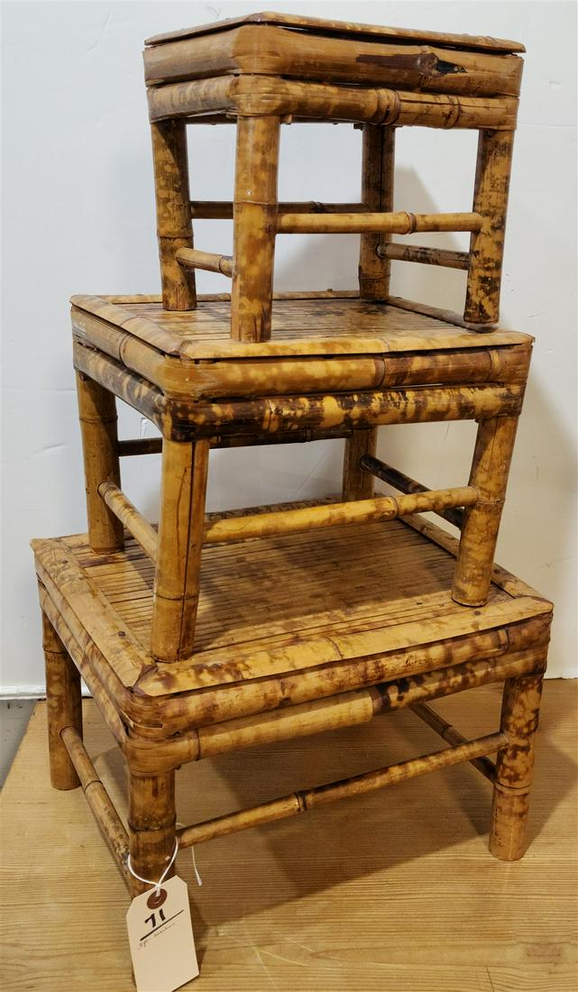SET 3 BAMBOO GRADUATED FOOT STOOLS 10"H X 14"W X 11 1/2"D, 9"H X 11 1/2"D X 9"D AND 7 1/2"H X 8 (1 of 4)