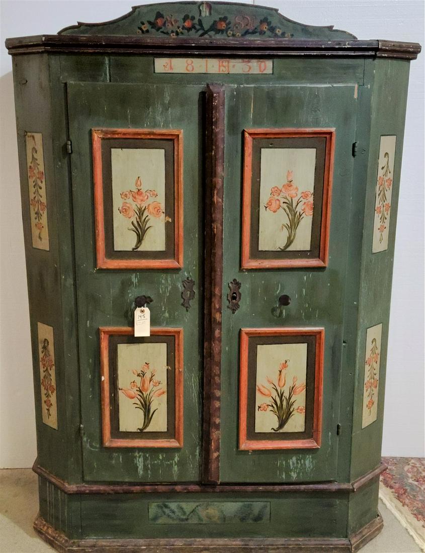 19TH C PAINTED 2 DOOR ARMOIRE DATED 1830 71"H X 50-1/2"W X 22-1/2"D (1 of 5)