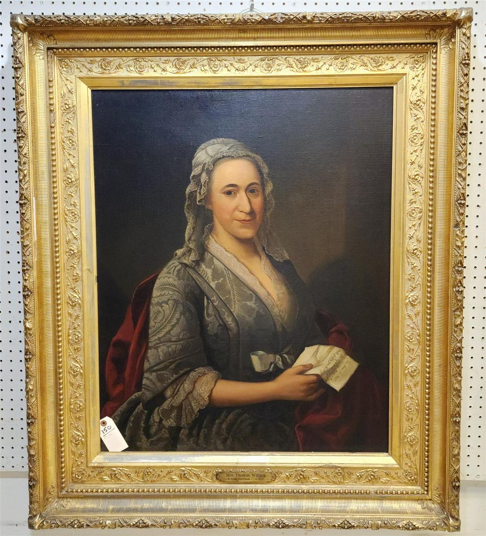 FRAMED 18TH C W/C PORTRAIT OF MRS. THOMAS WILLING 37-1/2" X 30" W/FRAME 4' X 41" W/FAMILY HISTORY ON (1 of 11)