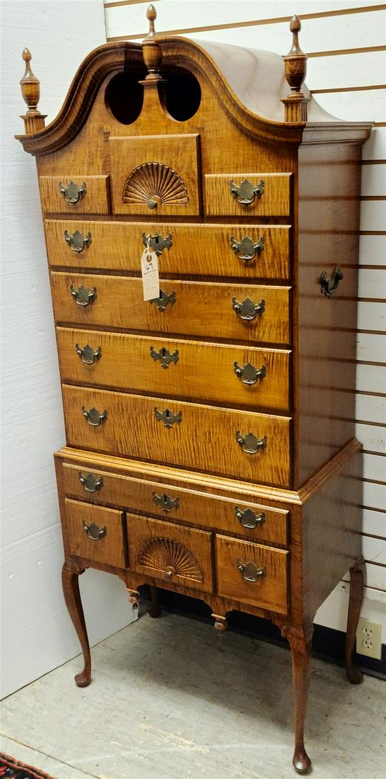 TIGER MAPLE 2 PART QA STYLE HIGHBOY MADE BY HAROLD L HAYES WATERFORD CT 65-1/2"H X 26-3/4"W X (1 of 14)