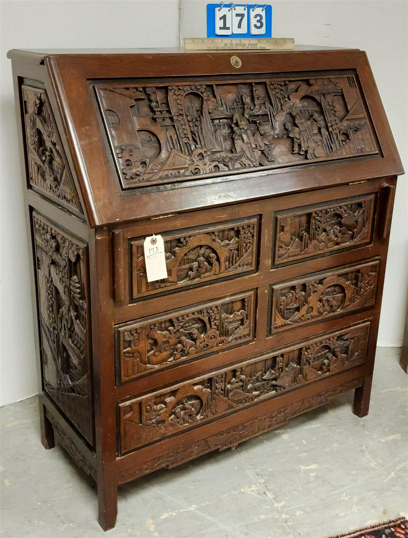 CARVED CHINESE SLANT FRONT DESK 42"H X 3" X 17"D (1 of 7)