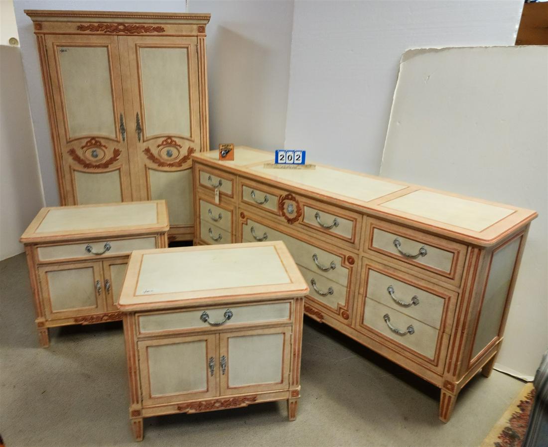 BAKER FURN 4 PC BED SET 9 DRAWER CHEST 33"H X 76"W X 19"D, PR NIGHT STANDS 25-1/2"H X 28"W X 18"D (1 of 12)