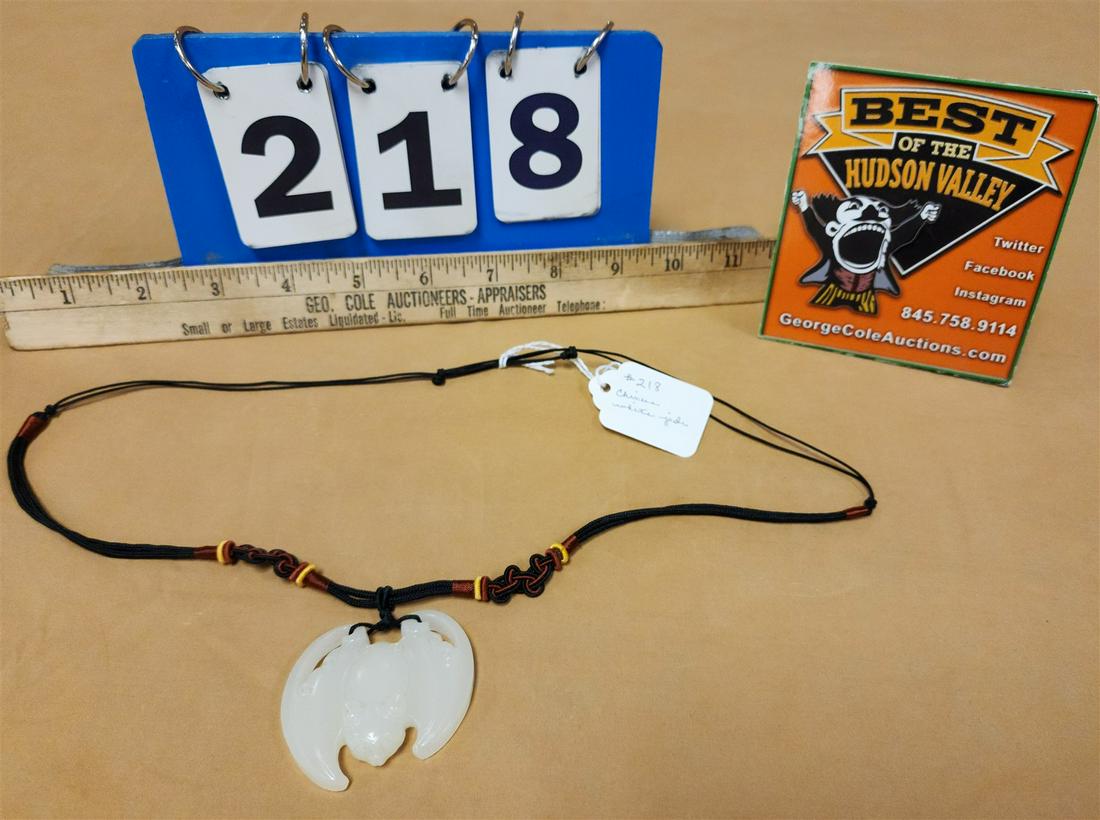 CHINESE STRING NECKLACE W/WHITE JADE BAT PENDANT 2" X 2": CHINESE STRING NECKLACE W/WHITE JADE BAT PENDANT 2" X 2"