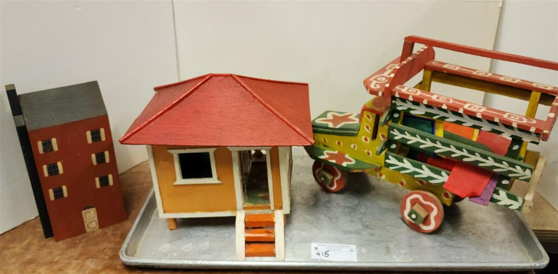 TRAY FOLK ART HOUSE 10"H X 11 1/2"W X 8"D & WOODEN BUILDING 10 1/2"H X 5"W X 3 1/2"D & WOODEN FOLK (1 of 4)