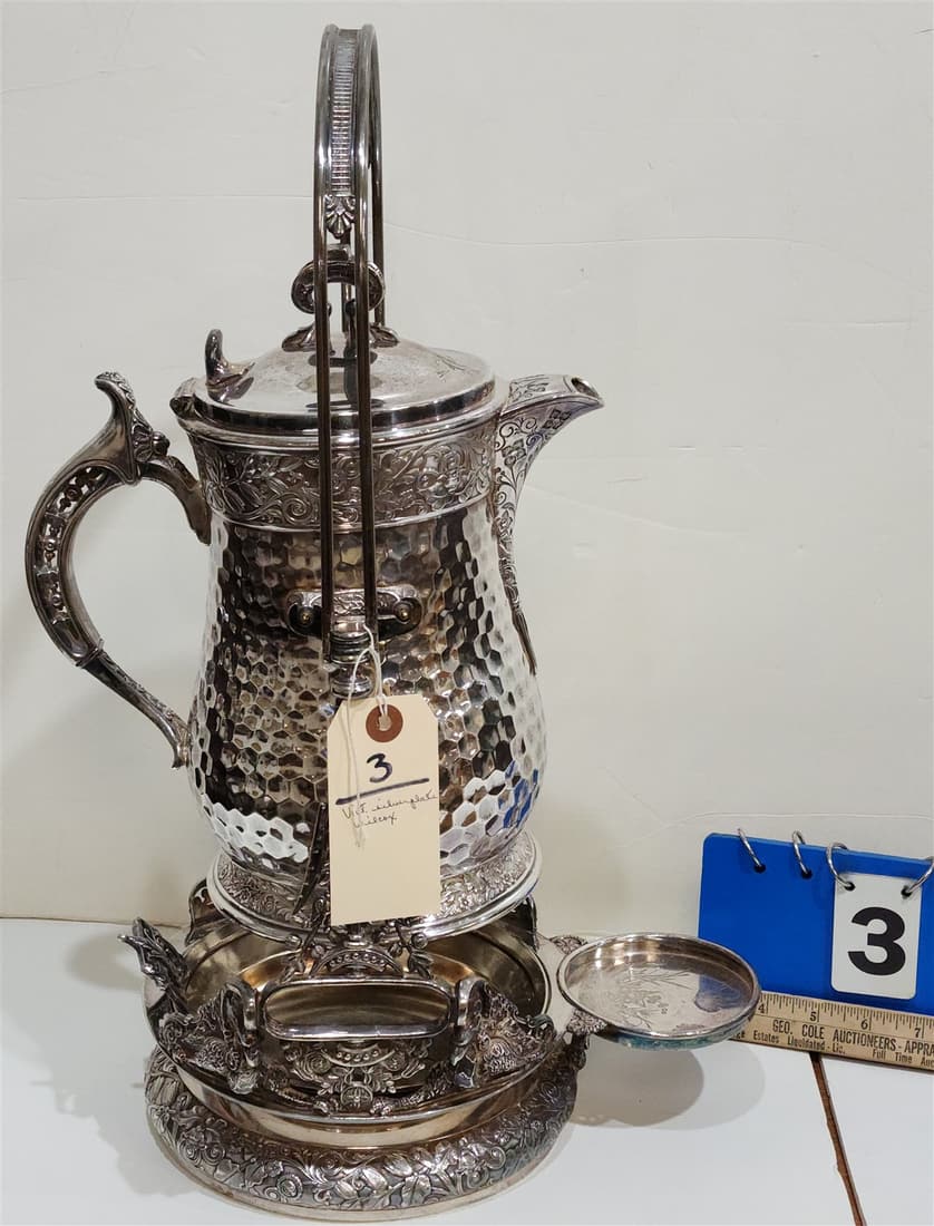 VICT. WILCOX SILVERPLATE WATER PITCHER ON STAND 20 1/2" (1 of 5)