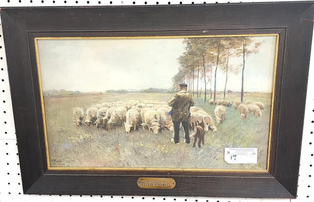 FRAMED PRINT LANDSCAPE W/SHEEP SGND. M. MAURR 12" X 20" (1 of 2)