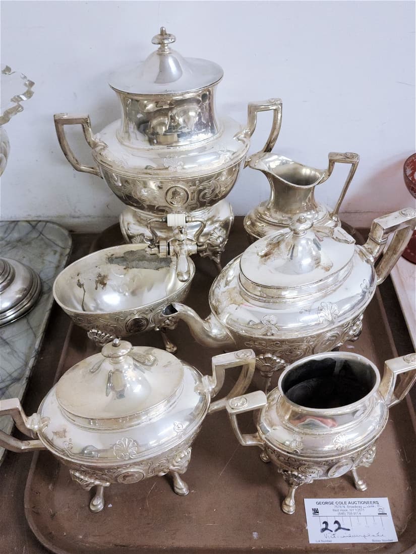 TRAY 6PC. VICT. SILVERPLATE TEA SET HALL ELTON & CO. (1 of 2)