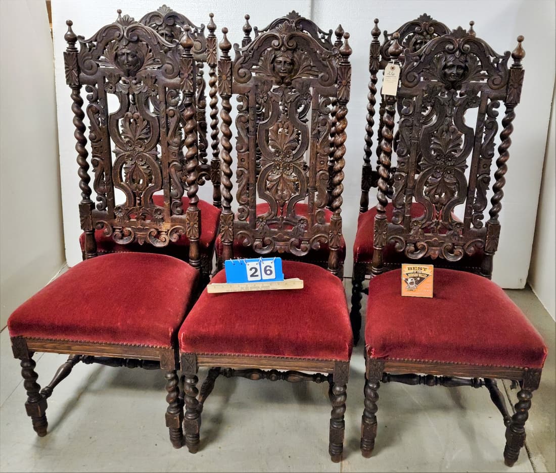 SET 6 c1900 ENGLISH OAK HEAVILY CARVED BARLEY TWIST DINING CHAIRS 50 3/4"H (1 of 6)