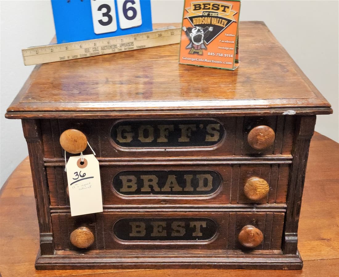 19THc OAK 3 DRAWER SPOOL CABINET 11"H X 17 1/2"W X 18 1/2"D (1 of 3)