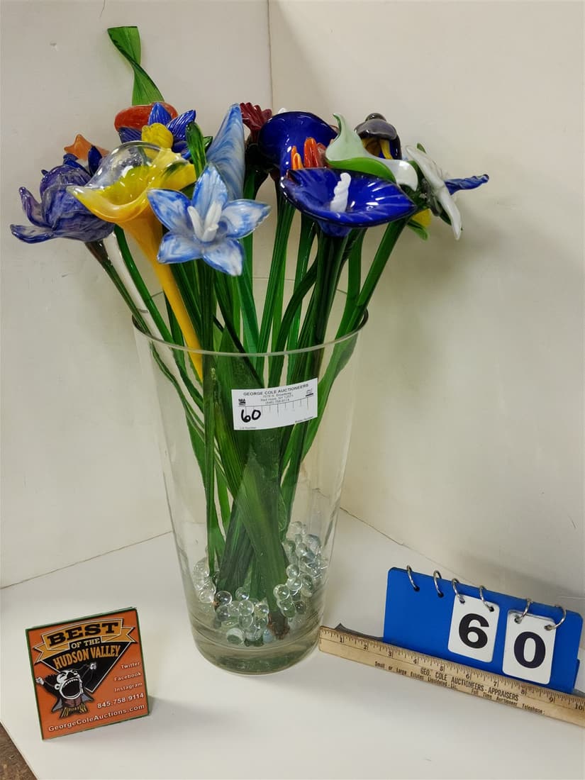 GLASS VASE 14" W/ 20 GLASS LONG STEMMED FLOWERS (1 of 4)