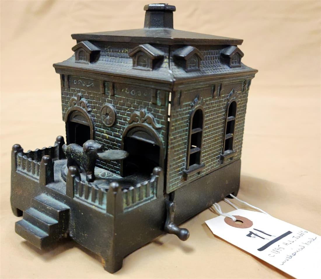 c1895 H.L. JUDD CO. DOG ON TURNTABLE CAST IRON MECHANICAL HHOUSE BANK 5 1/4"H X 3 1/2"W X 5 1/2"D (1 of 9)