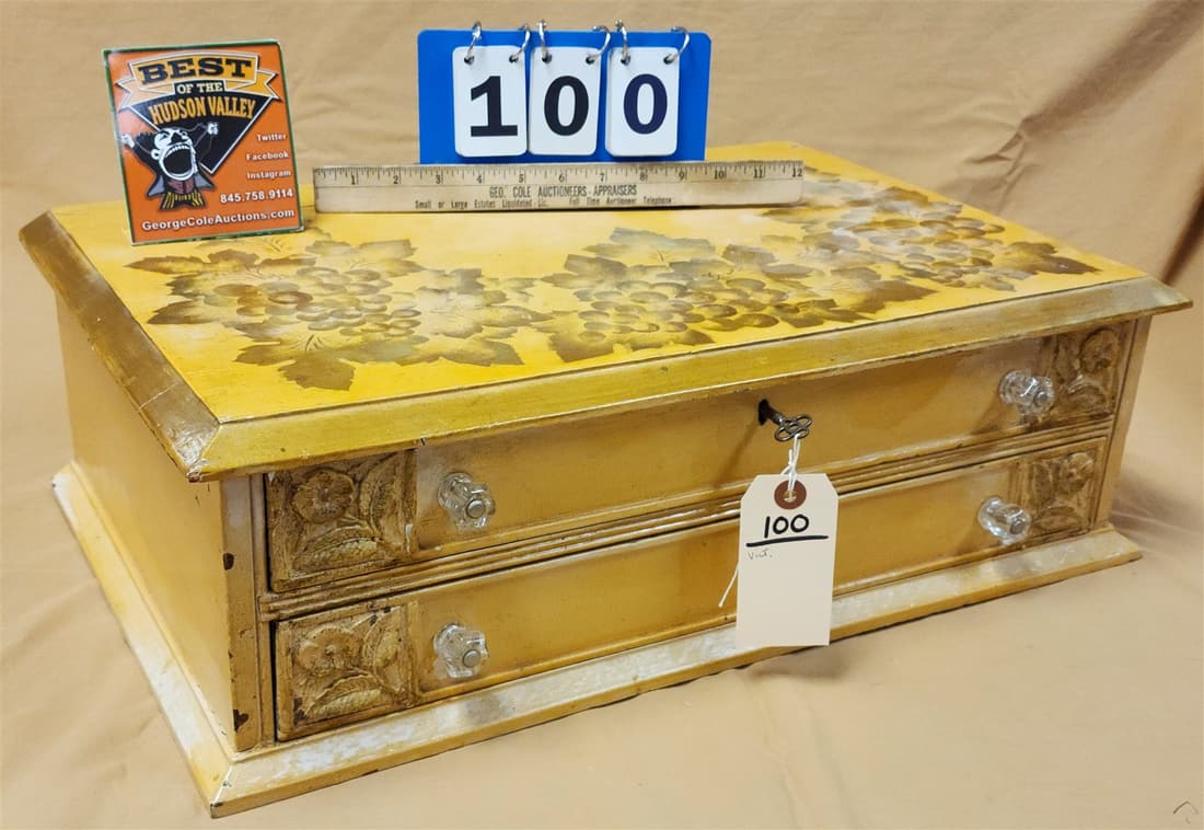 VICT. 2 DRAWER SPOOL CABINET PTD. & STENCILED 7"HX 22 1/2"W X 14 1/2"D: VICT. 2 DRAWER SPOOL CABINET PTD. & STENCILED 7"HX 22 1/2"W X 14 1/2"D