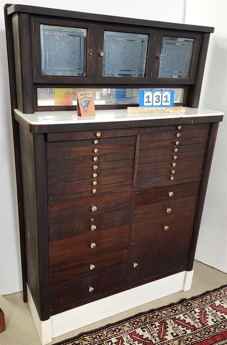 VINTAGE MAHOG. DENTAL CABINET W/ MILK GLASS TRIM 62 1/2"H X 40"W X 14"D (1 of 3)