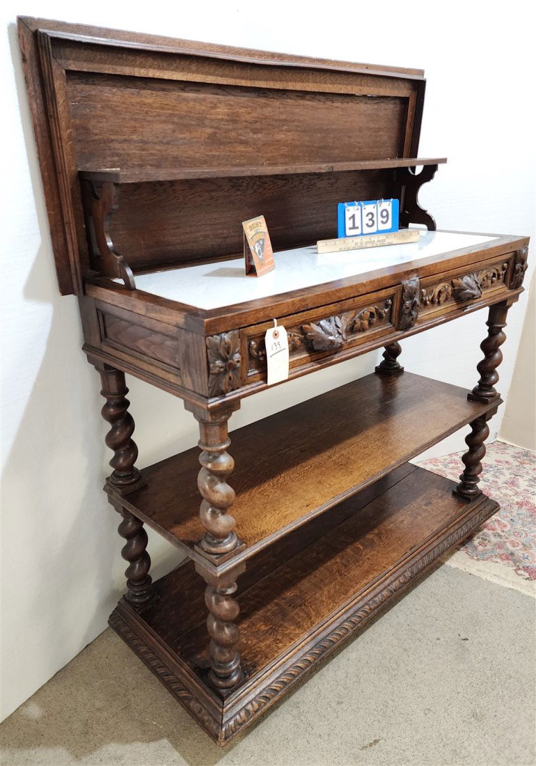 ENGLISH CARVED OAK BARLEY TWIST 2 DRAWER SERVER W/UNUSUAL FEATURE - TOP LIFTS TO REVEAL A MARBLE TOP (1 of 14)