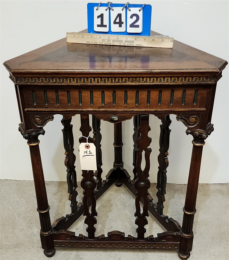 30'S WALNUT AND MAHOG TRIANGULAR STAND 27-1/2"H X 22-1/2"D (1 of 2)