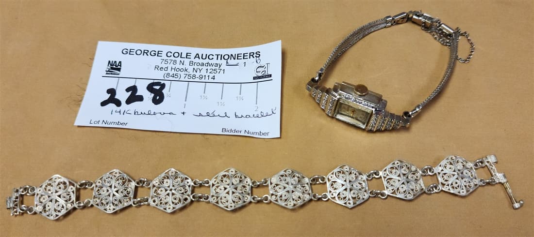 LOT 14K BULOVA WRIST WATCH AND STERL BRACELET: LOT 14K BULOVA WRIST WATCH AND STERL BRACELET
