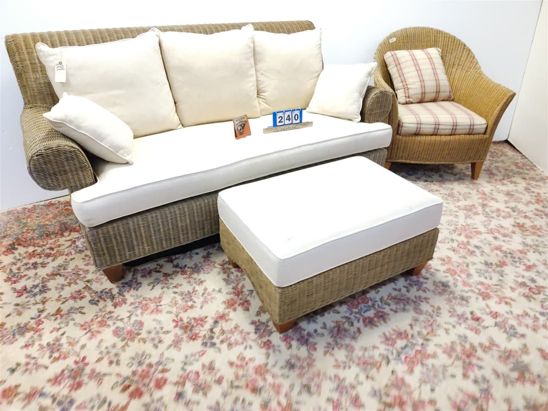 ETHAN ALLEN WICKER SOFA 37"H X 6'4"W X 21"D ARM CHAIR W/OTTOMAN (1 of 4)