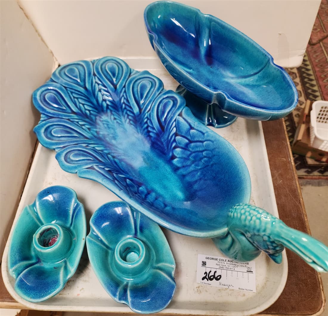 TRAY HAEGER PEACOCK SERVING BOWL 6-1/2"H X 21"L X 9"W, COMPOTE 4-1/2" X 12"W X 5"D, PR CANDLESTICKS (1 of 4)