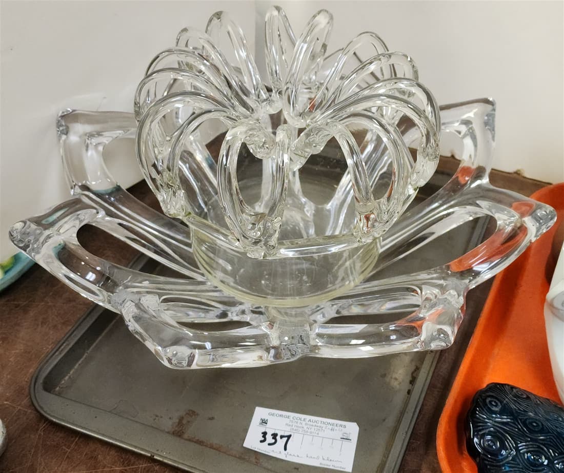 TRAY HAND BLOWN ART FRANCE BOWL 5"H X 14-1/2" DIAM & FLOWER FROG VASE6"H X8" DIAM: TRAY HAND BLOWN ART FRANCE BOWL 5"H X 14-1/2" DIAM & FLOWER FROG VASE6"H X8" DIAM