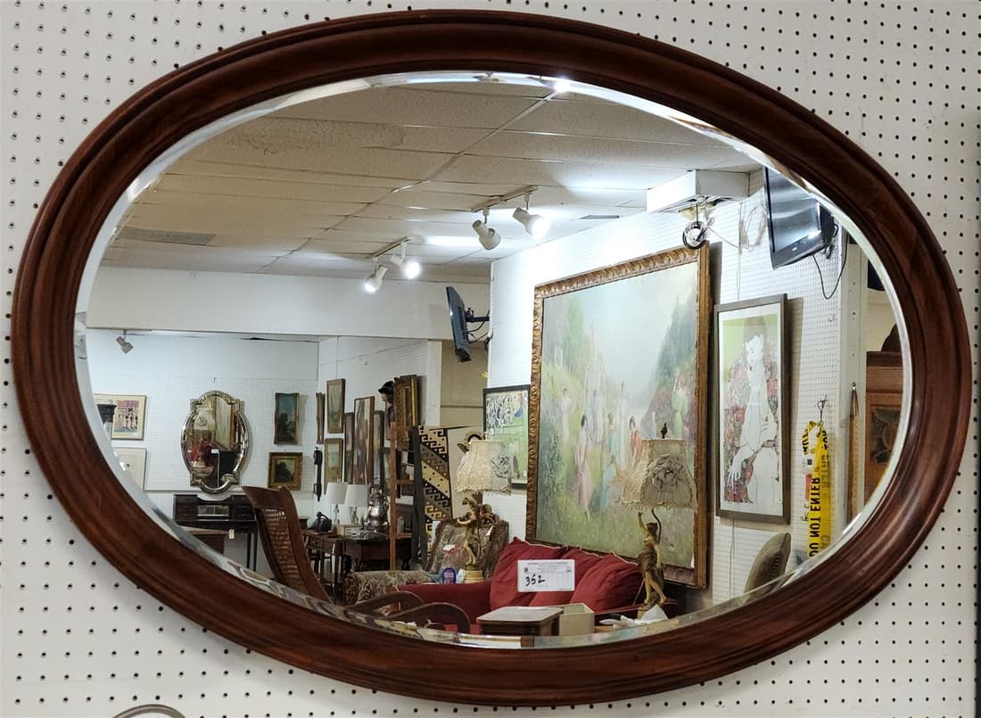 OVAL CHERRY FRAMED BEVELED MIRROR 33" X 4' (1 of 2)