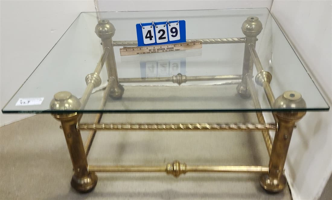 BRASS BASE GLASS TOP COFFEE TABLE 16 1/2"H X 3' SQ (1 of 3)