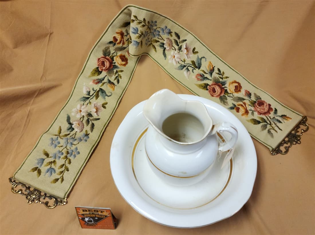 VICT PITCHER AND BOWL AND NEEDLEPOINT BUTLER PULL 66"H X 8 1/2"W: VICT PITCHER AND BOWL AND NEEDLEPOINT BUTLER PULL 66"H X 8 1/2"W