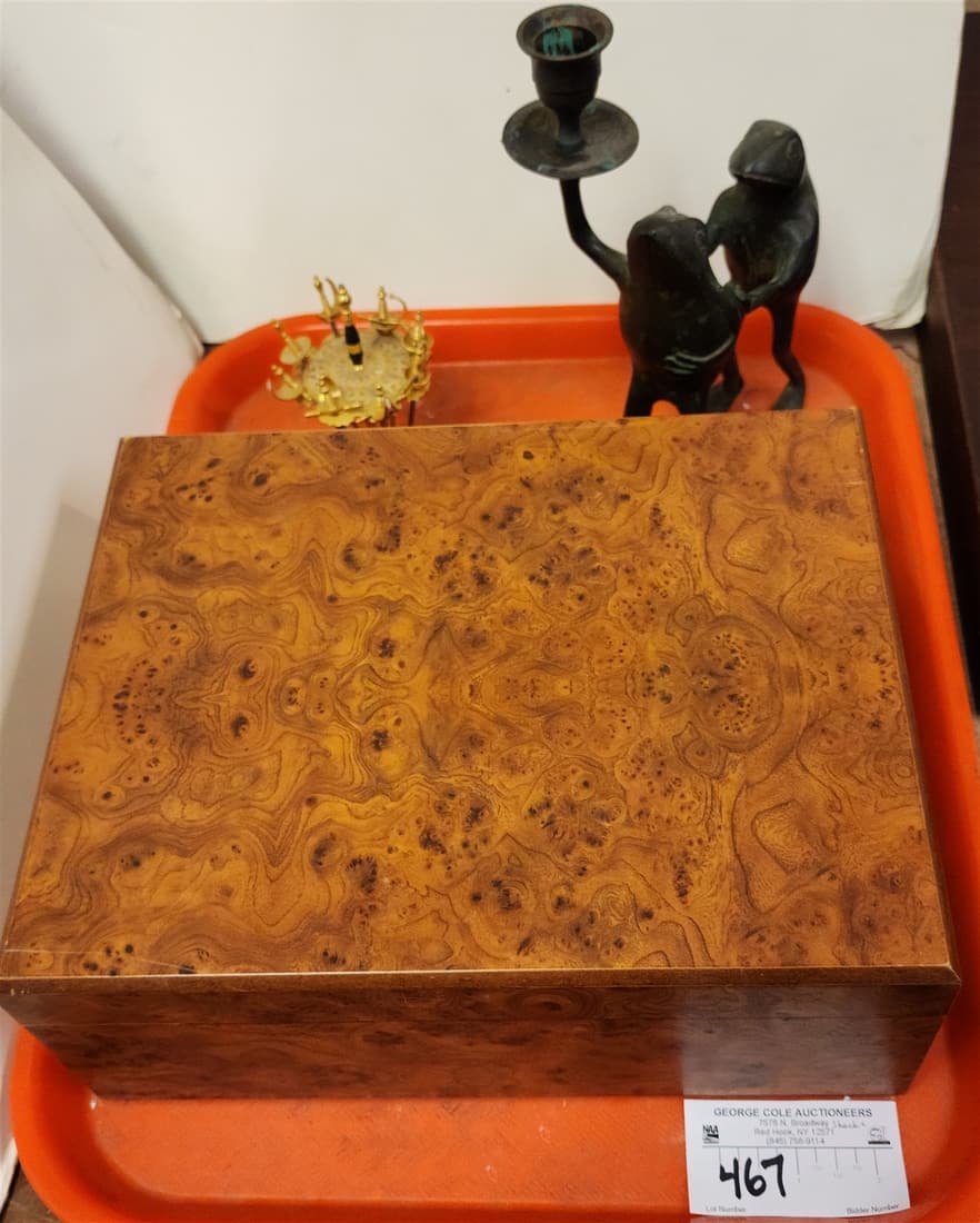 TRAY BURL HUMIDOR 4 1/2"H X 11 1/4 W X 9"D, BRONZE FROG CANDLESTICKS ETC (1 of 3)