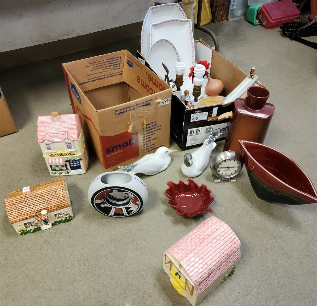 LOT 2 BXS MISC. POTTERY, SERVING DISHES, PR FIGURAL LAMPS, 3 HOUSE CANNISTERS ETC (1 of 5)
