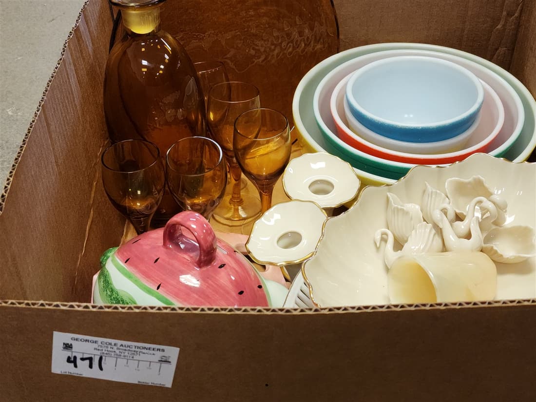 BX LENOX, 5 MIXING BOWLS, AMBER DECANTER AND GLASSES ETC (1 of 4)