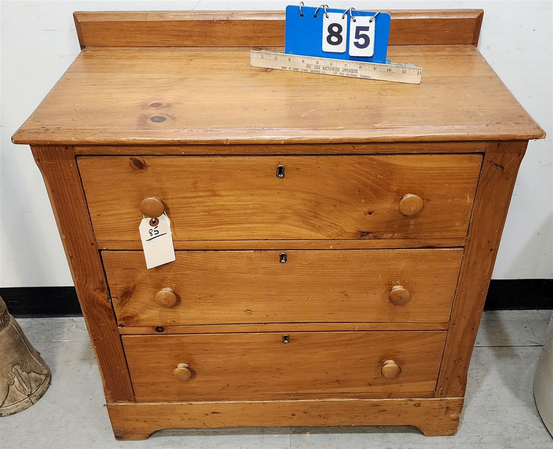 19TH C PINE 3 DRAWER CHEST 31-1/2"H X 30-1/2"W X 15-1/2"D (1 of 2)