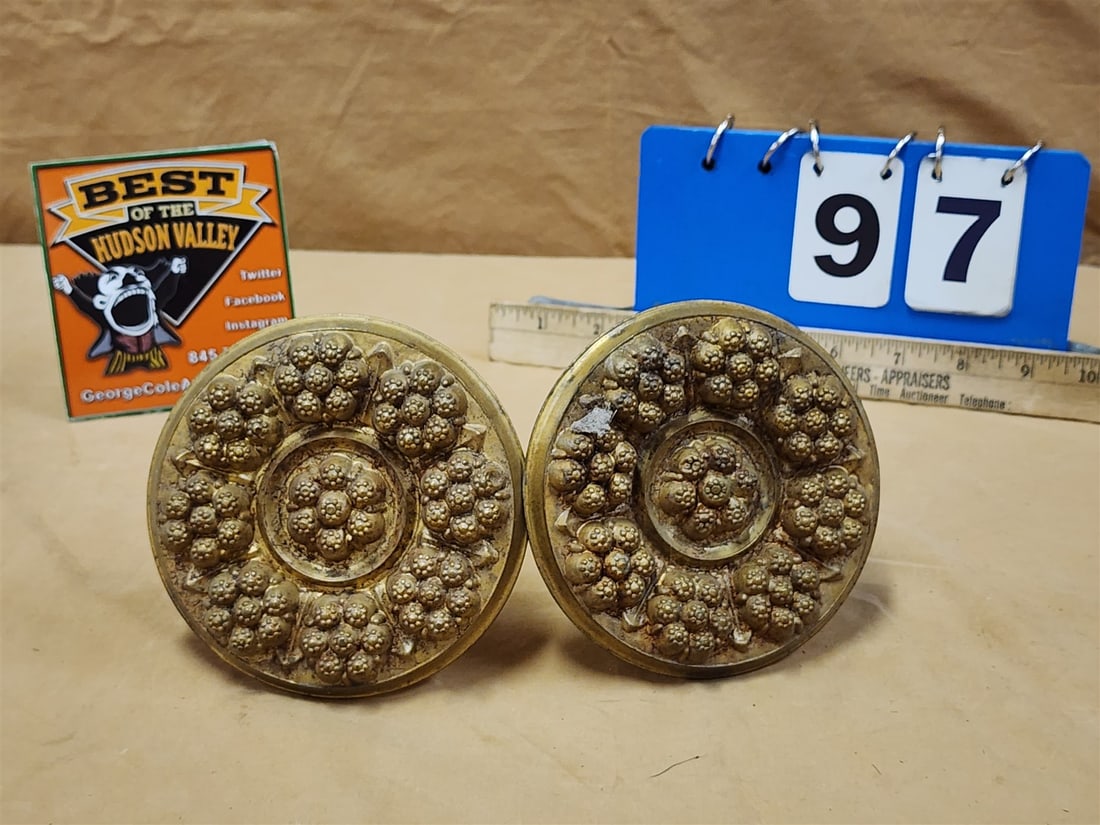 PR 19TH C EMBOSSED BRASS CURTAIN TIES 4-1/2" DIAM X 5"L (1 of 3)