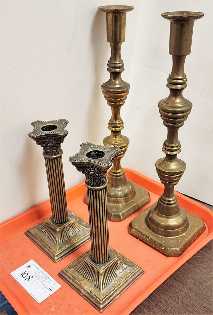 TRAY 2 PR BRASS CANDLESTICKS 13-1/2" & 18" (1 of 4)