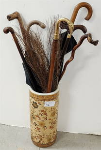 CHINESE CERAMIC UMBRELLA STAND W/5 CANES & 2 UMBRELLAS: CHINESE CERAMIC UMBRELLA STAND W/5 CANES & 2 UMBRELLAS