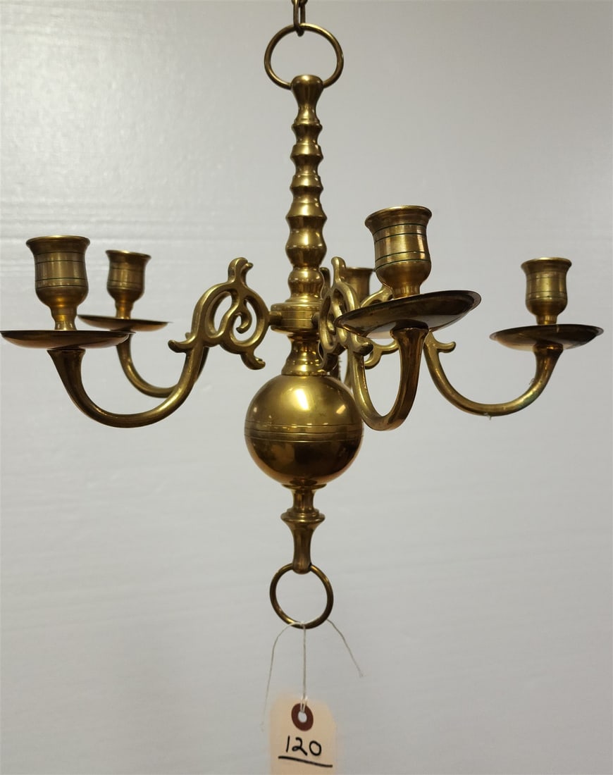 BRASS 5 ARM CHANDELIER 14"H X 13" DIAM NOT ELEC: BRASS 5 ARM CHANDELIER 14"H X 13" DIAM NOT ELEC