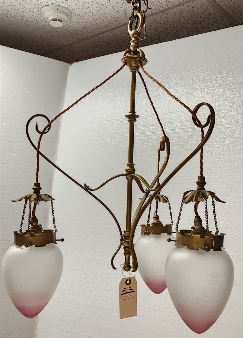 C1915 BRASS 3 ARM ELEC CHANDELIER W/ ORIG SHADES 29"H X 19" DIAM (1 of 6)