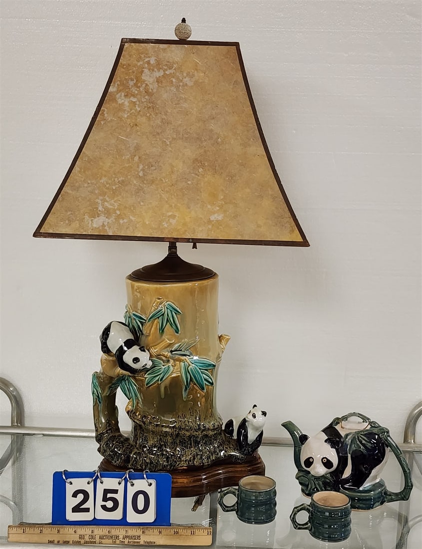 GLAZED POTTERY PANDA LAMP W/ MICA SHADE 31" (1 of 7)