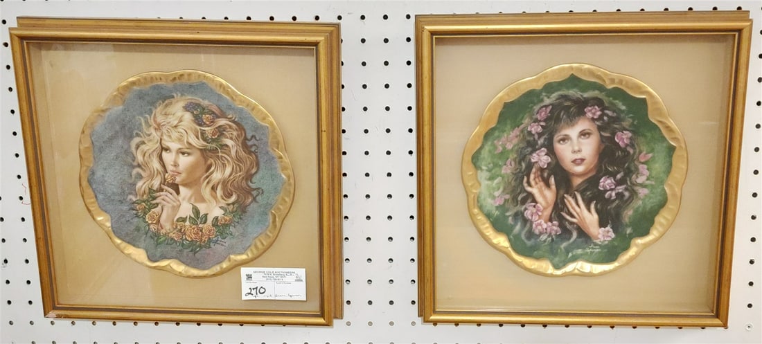 PR. FRAMED PORTRAIT PLATES SGND. IRENE SPENCER 9 1/2"DIAM., PLATES W/SHADOW BX FRAME 13 1/2"SQ. (1 of 4)