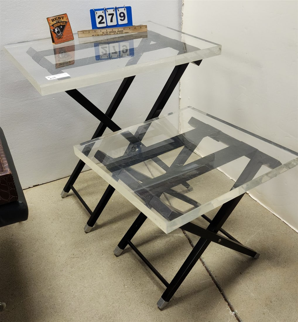 LOT 2 EBONIZED FOLDING STANDS W/ LUCITE TOPS 29 1/2"H X 28"W X 22"D & 19 1/2"H X 22"W X 22"D (1 of 4)