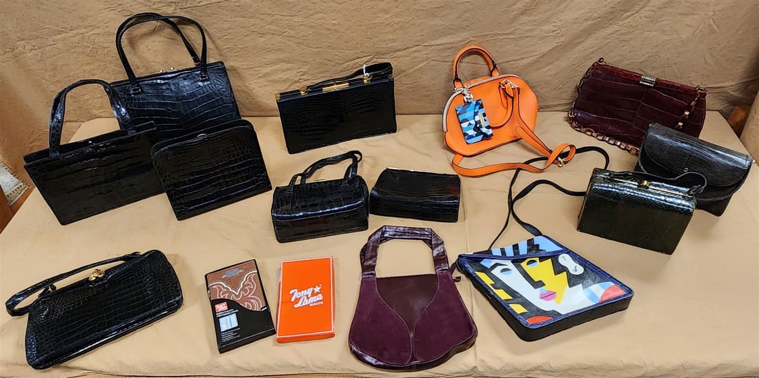 BX 13 PURSES-ALLIGATOR, LEATHER, TRINA TURK, MILLE FIORI CUBIST ETC.: BX 13 PURSES-ALLIGATOR, LEATHER, TRINA TURK, MILLE FIORI CUBIST ETC.