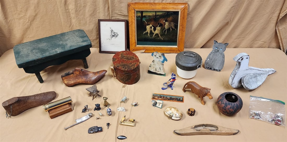 BX PRIM, ITEMS-CRICKET STOOL, FOLK ART DOVE, MOLD, OVAL BX W/ MINIATURE FIGURES FRAMED ITEMS ETC. (1 of 7)