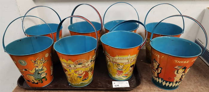 TRAY 8 T. CONN INC BROOKLYN VINTAGE TIN TOY SAND PAILS 7 1/2"H X 7": TRAY 8 T. CONN INC BROOKLYN VINTAGE TIN TOY SAND PAILS 7 1/2"H X 7"