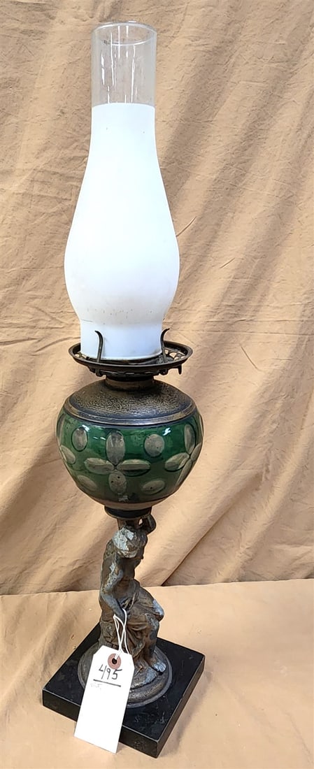 VICT. FIGURAL BASE GREEN CUT TO CLEAR FONT OIL LAMP 17": VICT. FIGURAL BASE GREEN CUT TO CLEAR FONT OIL LAMP 17"
