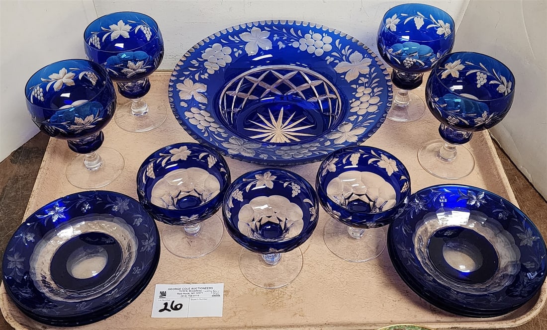 tray cobalt cut to clear bowl 3 1/2"h x 11" diam, 4 goblets 5 1/2", 3 champagnes 4" and 8 saucers 6" (1 of 1)